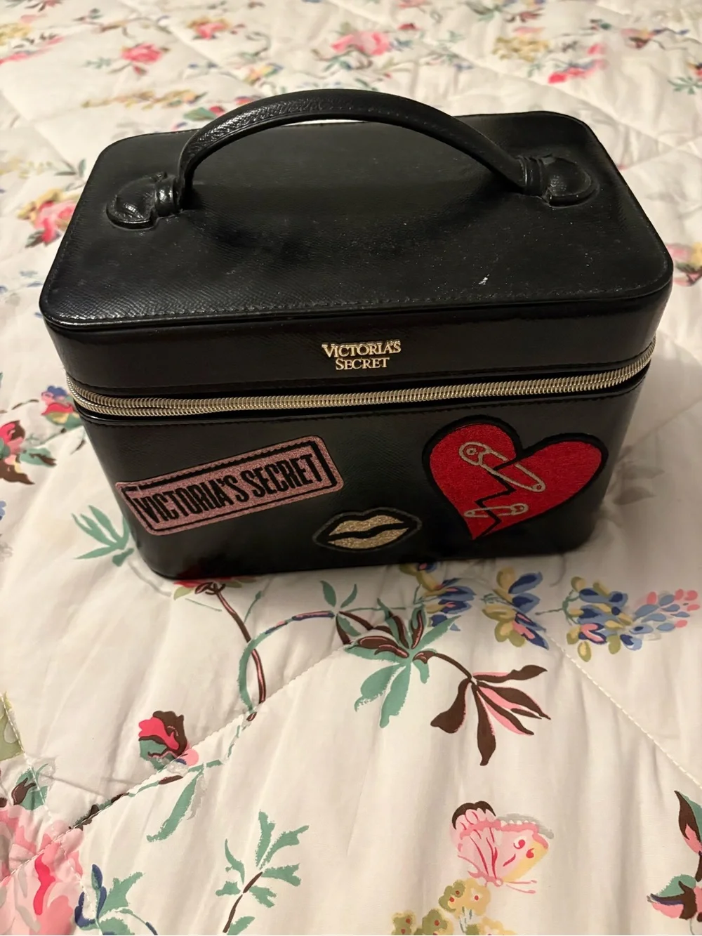 Victoria's Secret Black Travel Cosmetic Case with Red Heart Patch